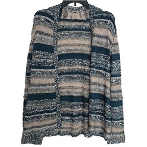 Boho Aztec Blue Cream Striped‎ Long Sleeve Cardigan Open Front Sweater SZ:S